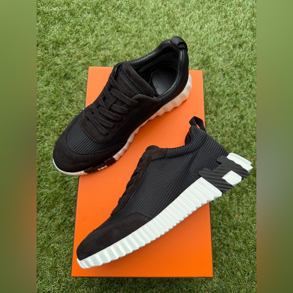 HERMES BOUNCING BLACK MESH/ SUEDE WHITE SOLE TRAINERS FASHION SNEAKERS SIZE 38 - Picture 2 of 11